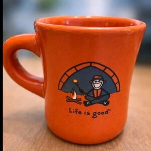 Life Is Good Orange Mug with Campfire Design